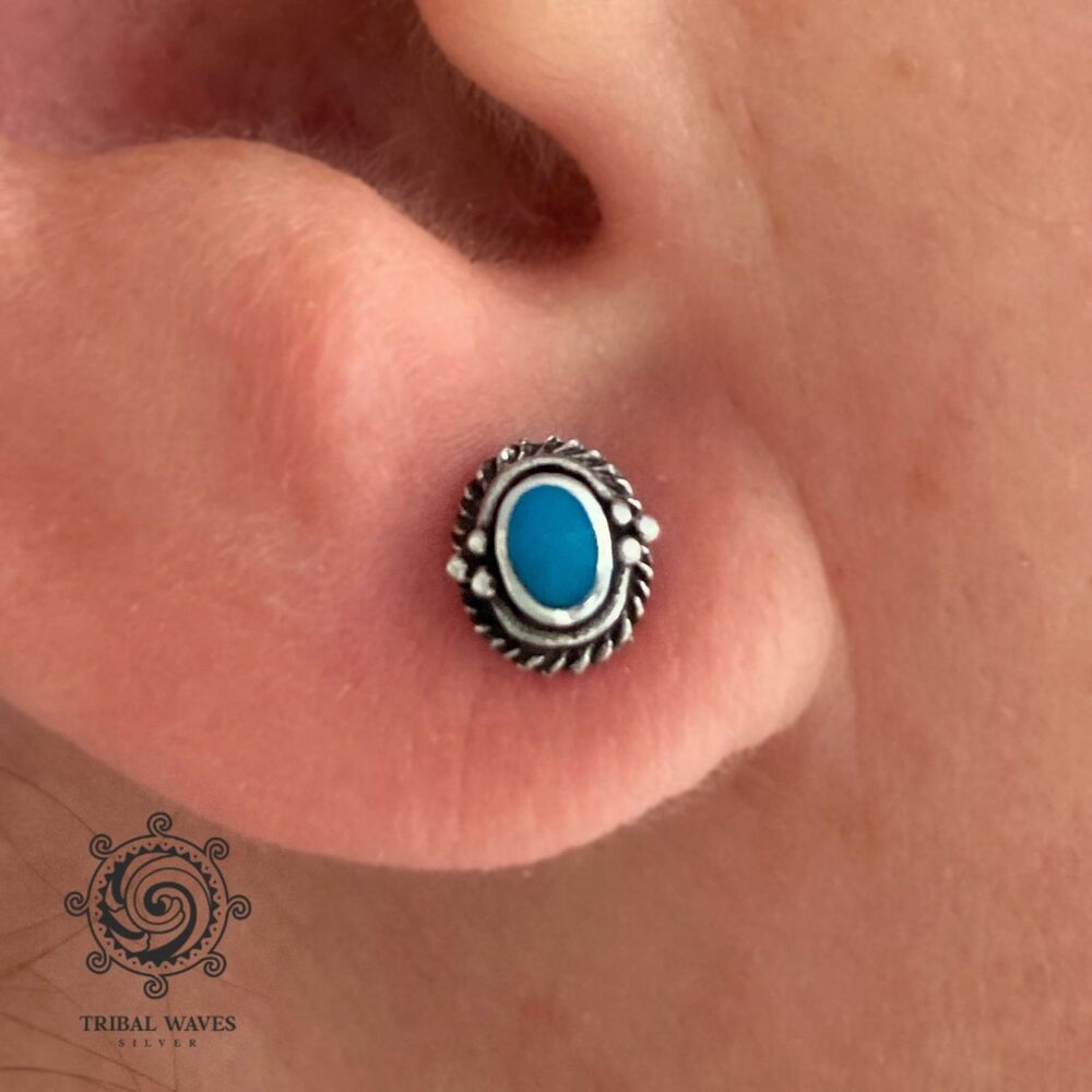 Simulated Oval Turquoise Stud Earrings 7 mm 925 Sterling Silver Western USA